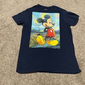 Disney Mickey Mouse Starry Night Van Gogh Art Graphic T-Shirt Mens Medium Navy